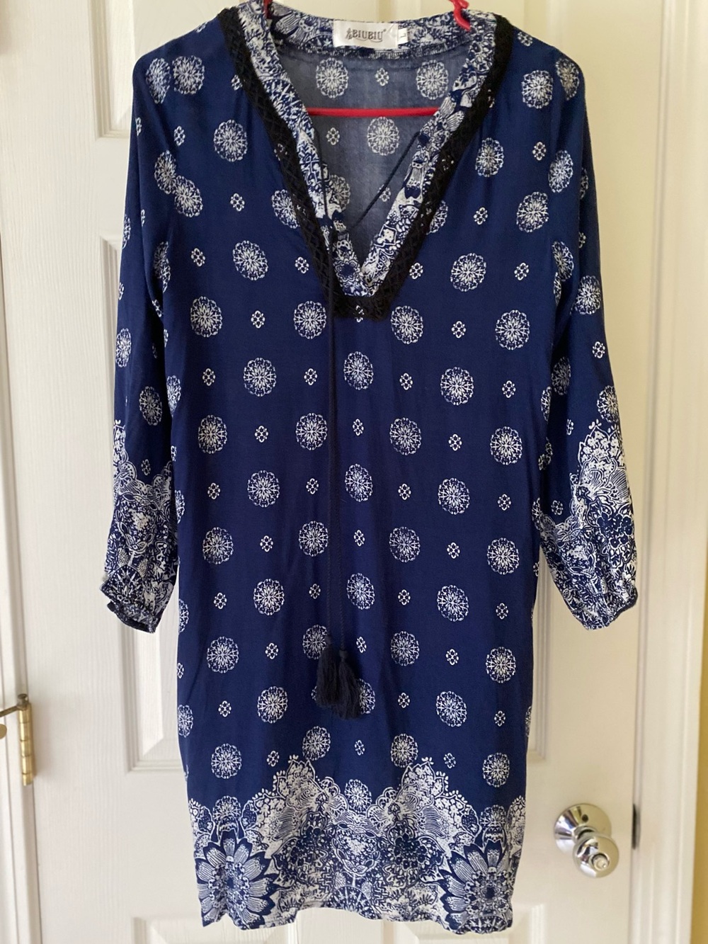 Navy Blue and White Printed V-Neck Dress with Tassel (Size